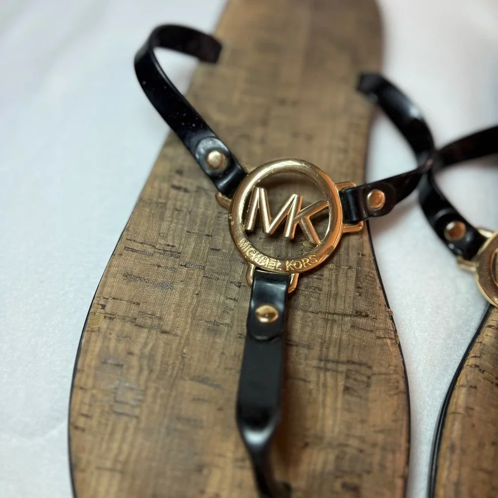 Michael Kors Women Black Patent Cork Thong Sandals Gold MK Logo Flip Flops